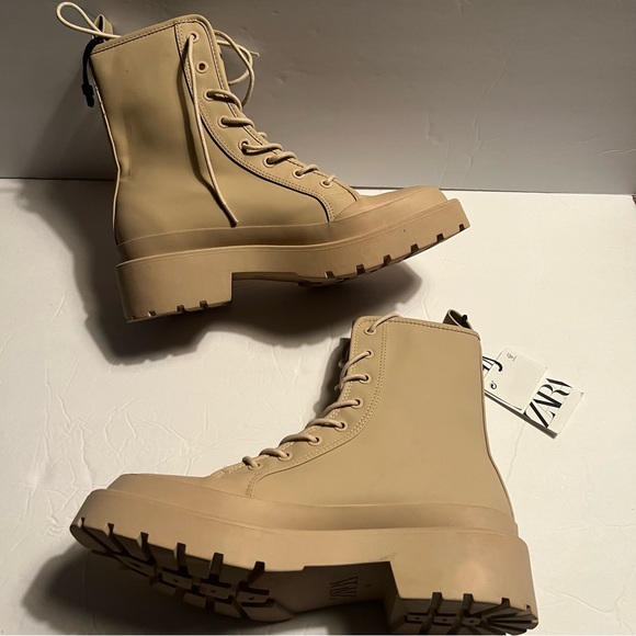 Zara Tan Ankle Combat Boots Platform Size 8 - Picture 10 of 13